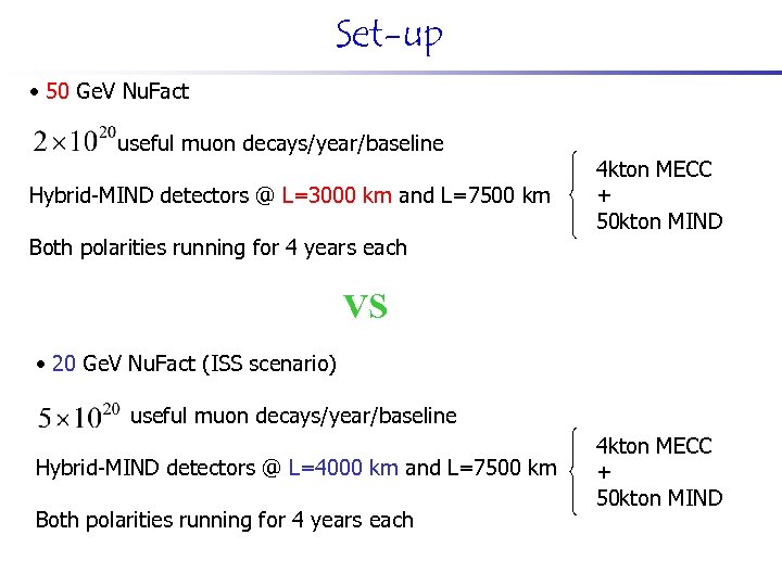 Set-up • 50 Ge. V Nu. Fact useful muon decays/year/baseline Hybrid-MIND detectors @ L=3000