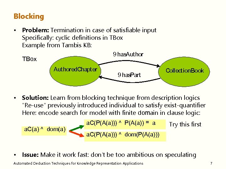 Blocking • Problem: Termination in case of satisfiable input Specifically: cyclic definitions in TBox