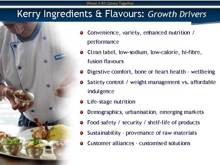 Where It All Comes Together Kerry Ingredients & Flavours: Growth Drivers Convenience, variety, enhanced