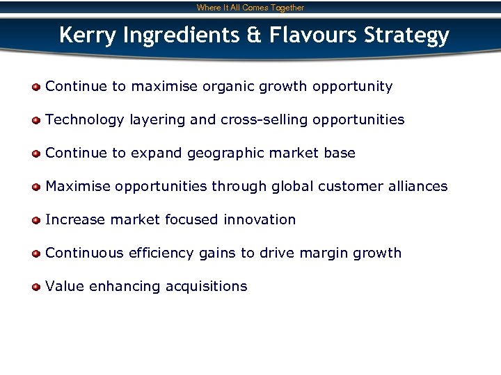 Where It All Comes Together Kerry Ingredients & Flavours Strategy Continue to maximise organic
