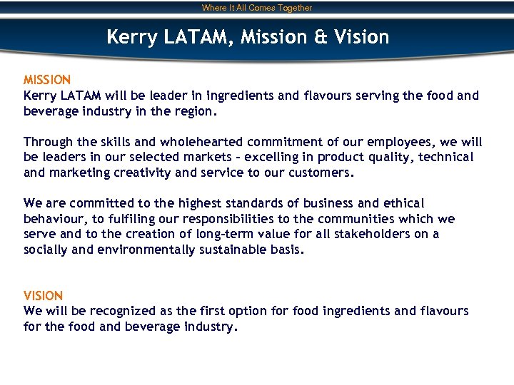 Where It All Comes Together Kerry LATAM, Mission & Vision MISSION Kerry LATAM will