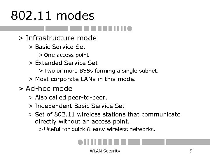802. 11 modes > Infrastructure mode > Basic Service Set > One access point