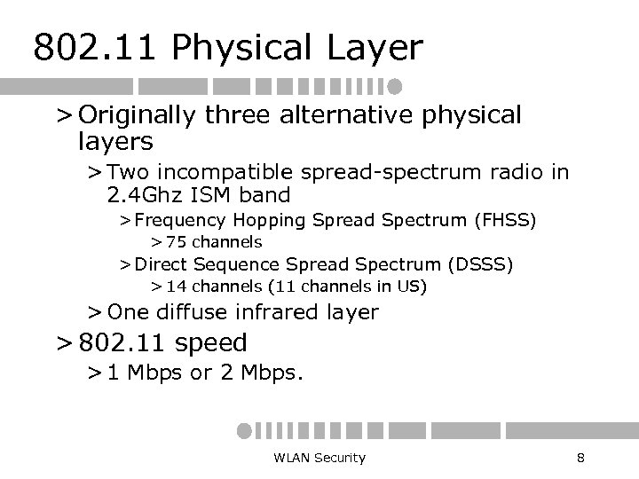 802. 11 Physical Layer > Originally three alternative physical layers > Two incompatible spread-spectrum