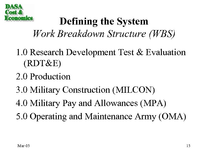 Defining the System Work Breakdown Structure (WBS) 1. 0 Research Development Test & Evaluation