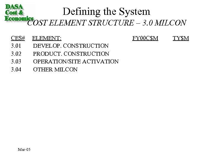 Defining the System COST ELEMENT STRUCTURE – 3. 0 MILCON CES# ELEMENT: FY 00