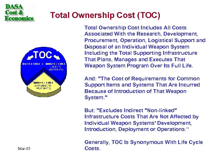 Total Ownership Cost (TOC) Total Ownership Cost Includes All Costs Associated With the Research,