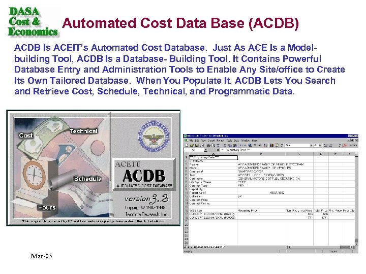 Automated Cost Data Base (ACDB) ACDB Is ACEIT’s Automated Cost Database. Just As ACE