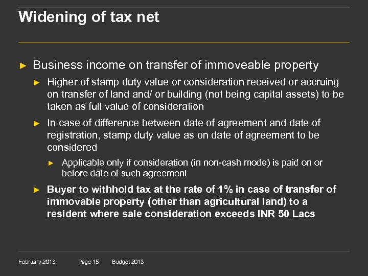 Widening of tax net ► Business income on transfer of immoveable property ► Higher