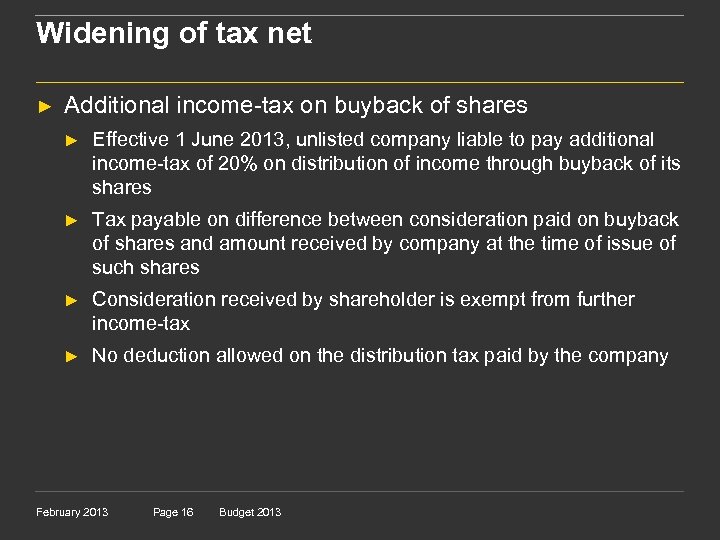 Widening of tax net ► Additional income-tax on buyback of shares ► Effective 1