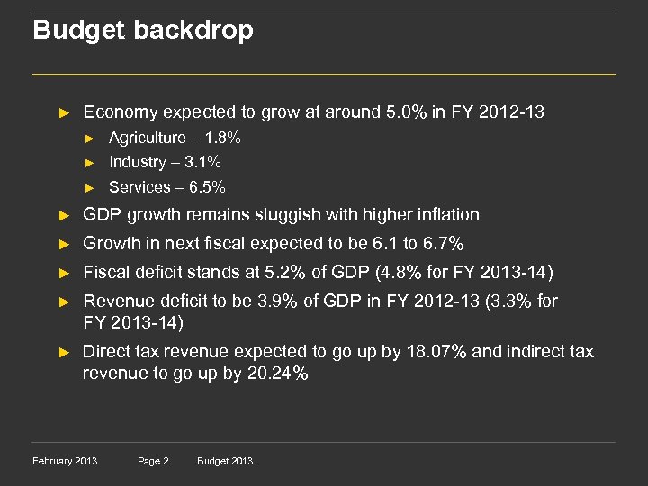 Budget backdrop ► Economy expected to grow at around 5. 0% in FY 2012