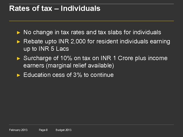 Rates of tax – Individuals ► No change in tax rates and tax slabs