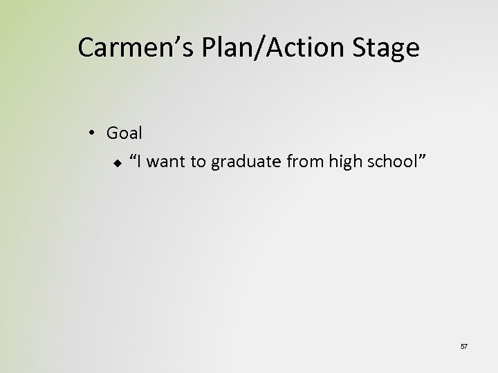 Carmen’s Plan/Action Stage • Goal u “I want to graduate from high school” 57