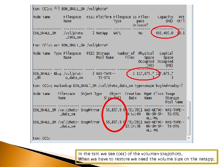 In the tsm we see (occ) of the volume+snapshots. When we have to restore
