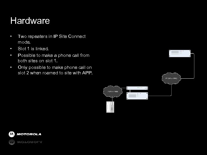 Hardware • • Two repeaters in IP Site Connect mode. Slot 1 is linked.