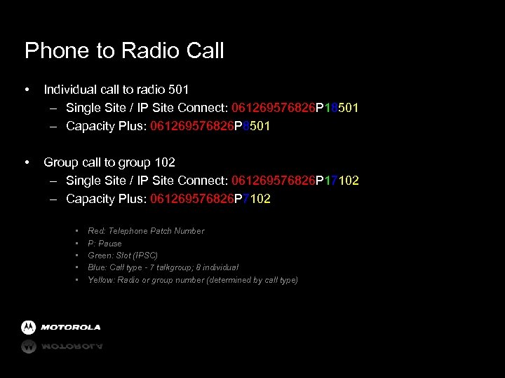 Phone to Radio Call • Individual call to radio 501 – Single Site /