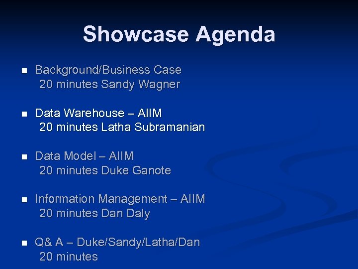 Showcase Agenda n Background/Business Case 20 minutes Sandy Wagner n Data Warehouse – AIIM