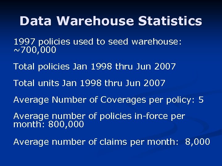Data Warehouse Statistics 1997 policies used to seed warehouse: ~700, 000 Total policies Jan