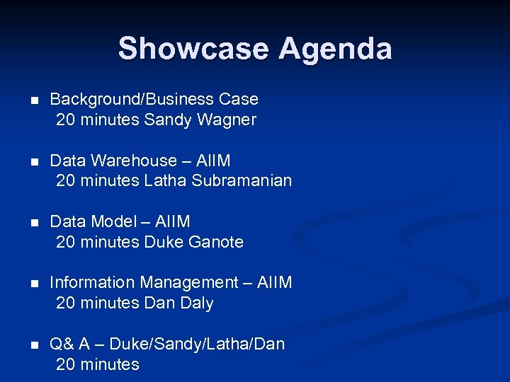 Showcase Agenda n Background/Business Case 20 minutes Sandy Wagner n Data Warehouse – AIIM