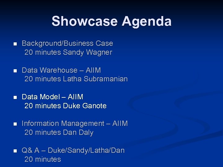 Showcase Agenda n Background/Business Case 20 minutes Sandy Wagner n Data Warehouse – AIIM