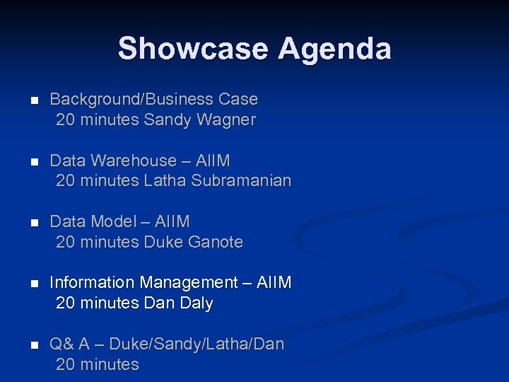 Showcase Agenda n Background/Business Case 20 minutes Sandy Wagner n Data Warehouse – AIIM