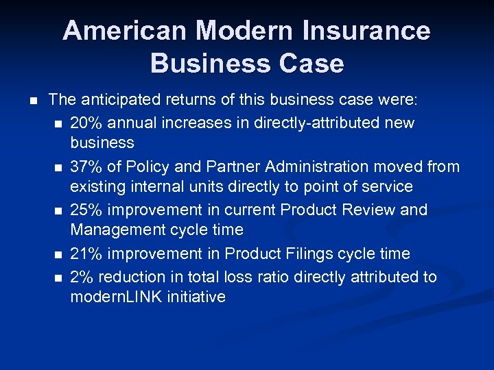 American Modern Insurance Business Case n The anticipated returns of this business case were: