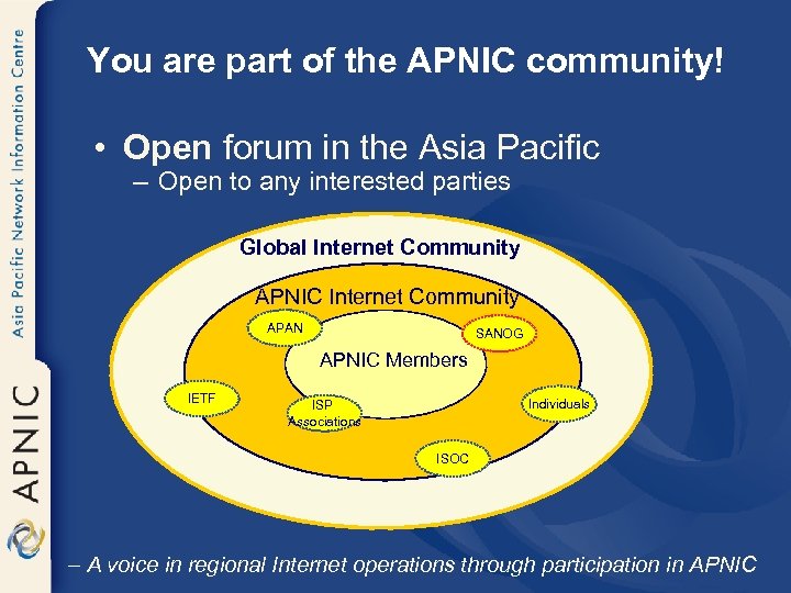 You are part of the APNIC community! • Open forum in the Asia Pacific