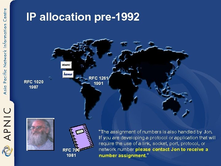 IP allocation pre-1992 RFC 1261 1991 RFC 1020 1987 RFC 790 1981 “The assignment