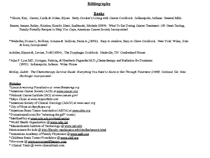 Bibliography Books *Ghosh, Kris, Carson, Linda & Cohen, Elyse: Betty Crocker’s Living with Cancer