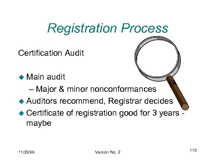 Registration Process Certification Audit u Main audit – Major & minor nonconformances u Auditors