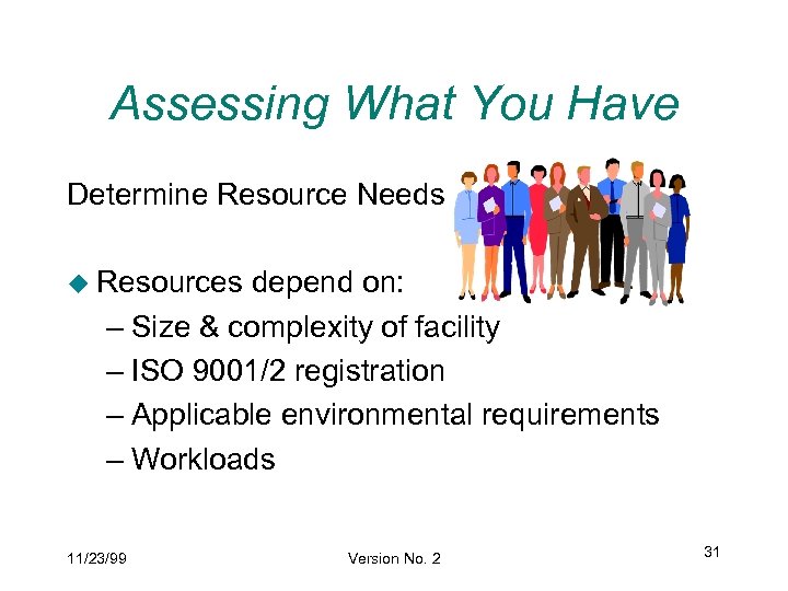 Assessing What You Have Determine Resource Needs u Resources depend on: – Size &