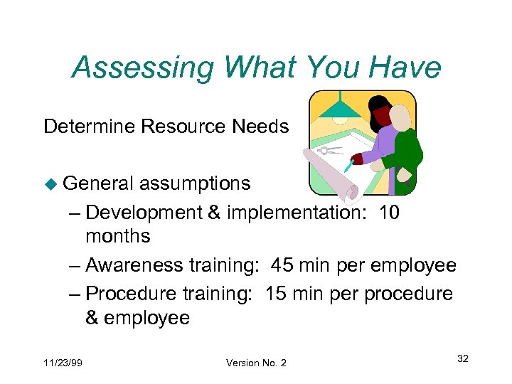 Assessing What You Have Determine Resource Needs u General assumptions – Development & implementation: