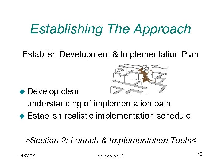 Establishing The Approach Establish Development & Implementation Plan u Develop clear understanding of implementation