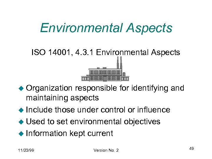 Environmental Aspects ISO 14001, 4. 3. 1 Environmental Aspects u Organization responsible for identifying