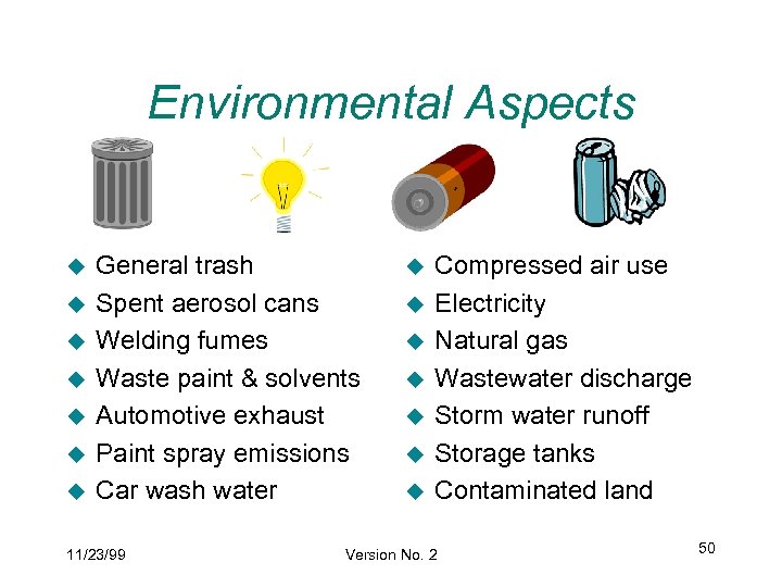 Environmental Aspects u u u u General trash Spent aerosol cans Welding fumes Waste