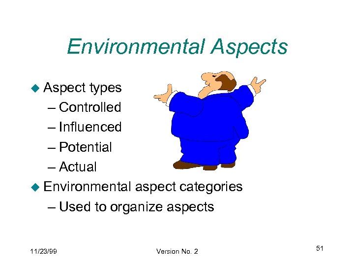 Environmental Aspects u Aspect types – Controlled – Influenced – Potential – Actual u