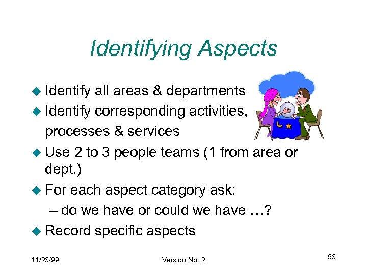 Identifying Aspects u Identify all areas & departments u Identify corresponding activities, processes &