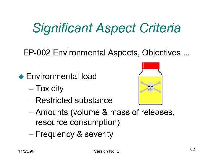 Significant Aspect Criteria EP-002 Environmental Aspects, Objectives. . . u Environmental load – Toxicity