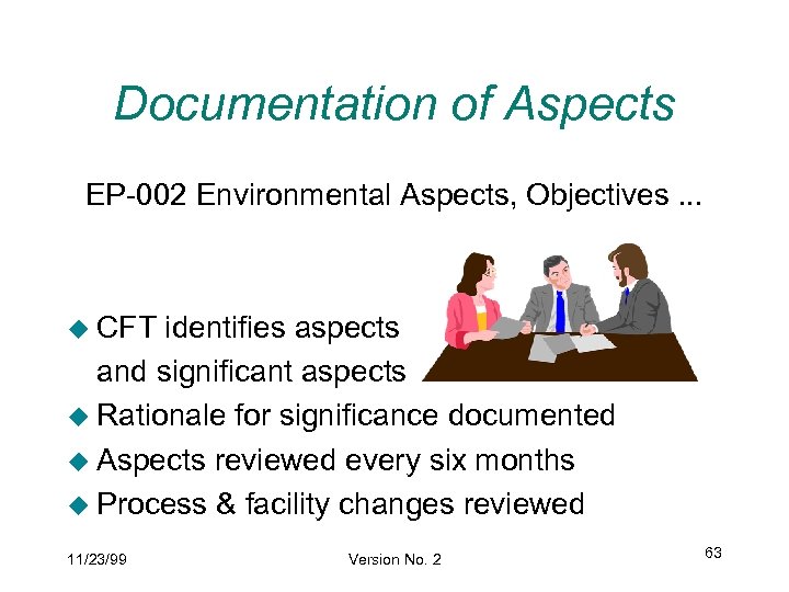 Documentation of Aspects EP-002 Environmental Aspects, Objectives. . . u CFT identifies aspects and