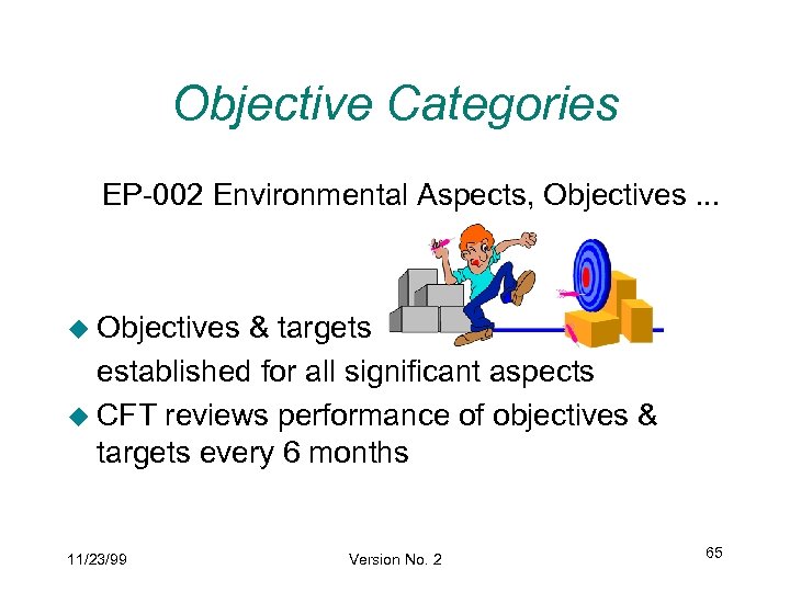 Objective Categories EP-002 Environmental Aspects, Objectives. . . u Objectives & targets established for