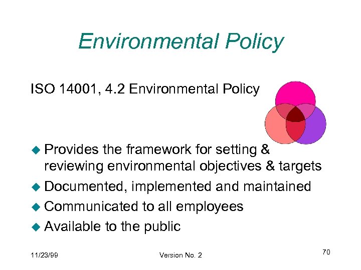 Environmental Policy ISO 14001, 4. 2 Environmental Policy u Provides the framework for setting