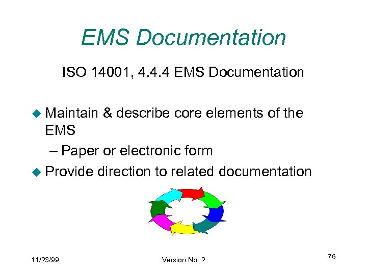 EMS Documentation ISO 14001, 4. 4. 4 EMS Documentation u Maintain & describe core