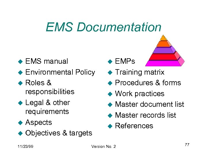 EMS Documentation EMS manual u Environmental Policy u Roles & responsibilities u Legal &