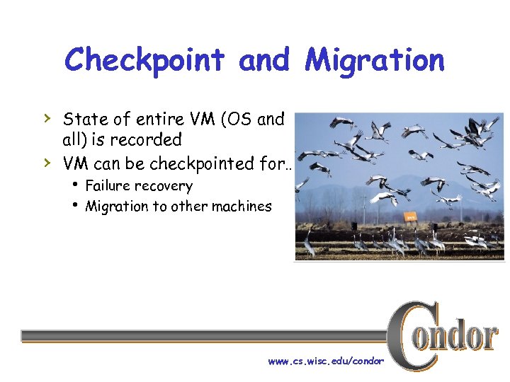 Checkpoint and Migration › State of entire VM (OS and › all) is recorded