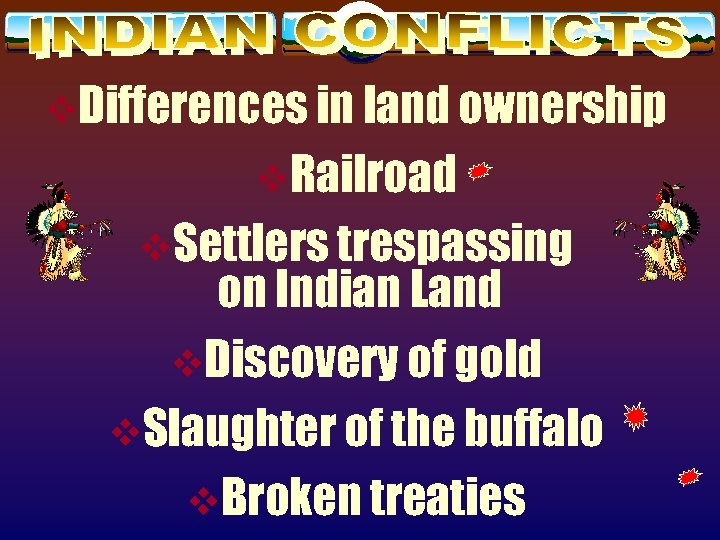 v. Differences in land ownership v. Railroad v. Settlers trespassing on Indian Land v.