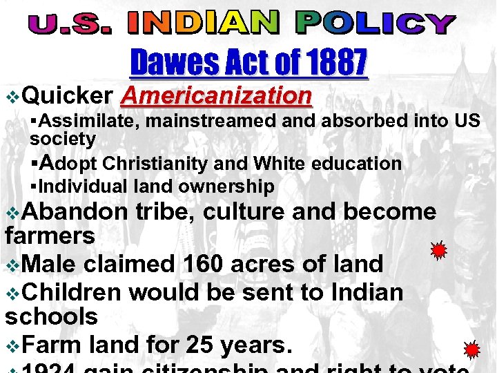 Dawes Act of 1887 v. Quicker Americanization §Assimilate, mainstreamed and absorbed into US society