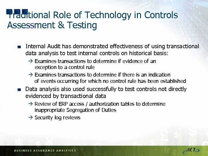 Traditional Role of Technology in Controls Assessment & Testing Internal Audit has demonstrated effectiveness