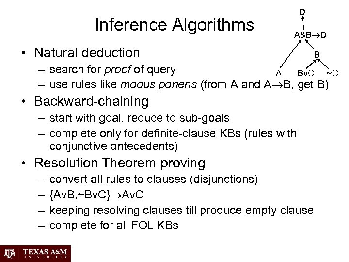 Inference Algorithms D A&B D • Natural deduction B – search for proof of