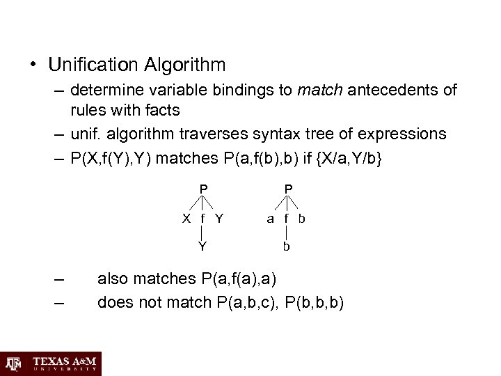  • Unification Algorithm – determine variable bindings to match antecedents of rules with