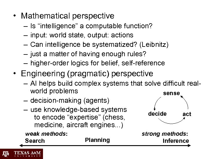  • Mathematical perspective – – – Is “intelligence” a computable function? input: world