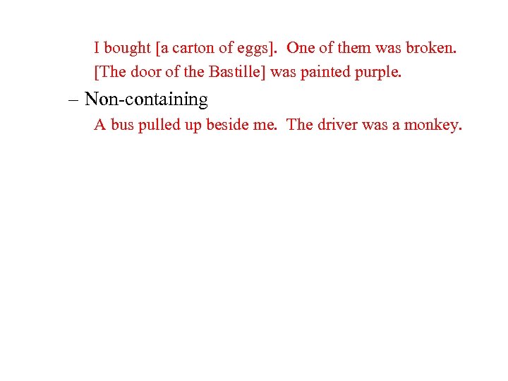 I bought [a carton of eggs]. One of them was broken. [The door of